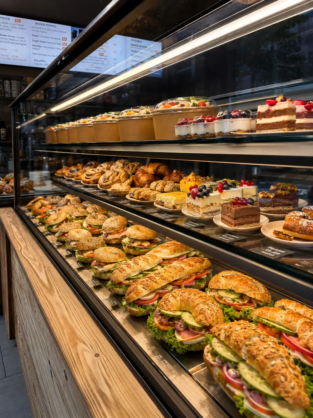 Vitrine mit belegten Brötchen, Croissants, Sandwiches und Kuchen