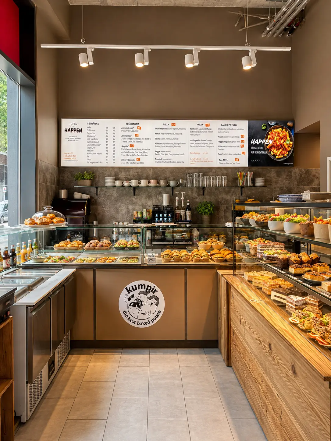 Theke von Hafen Happen mit Snacks, Gebäck und Menütafel