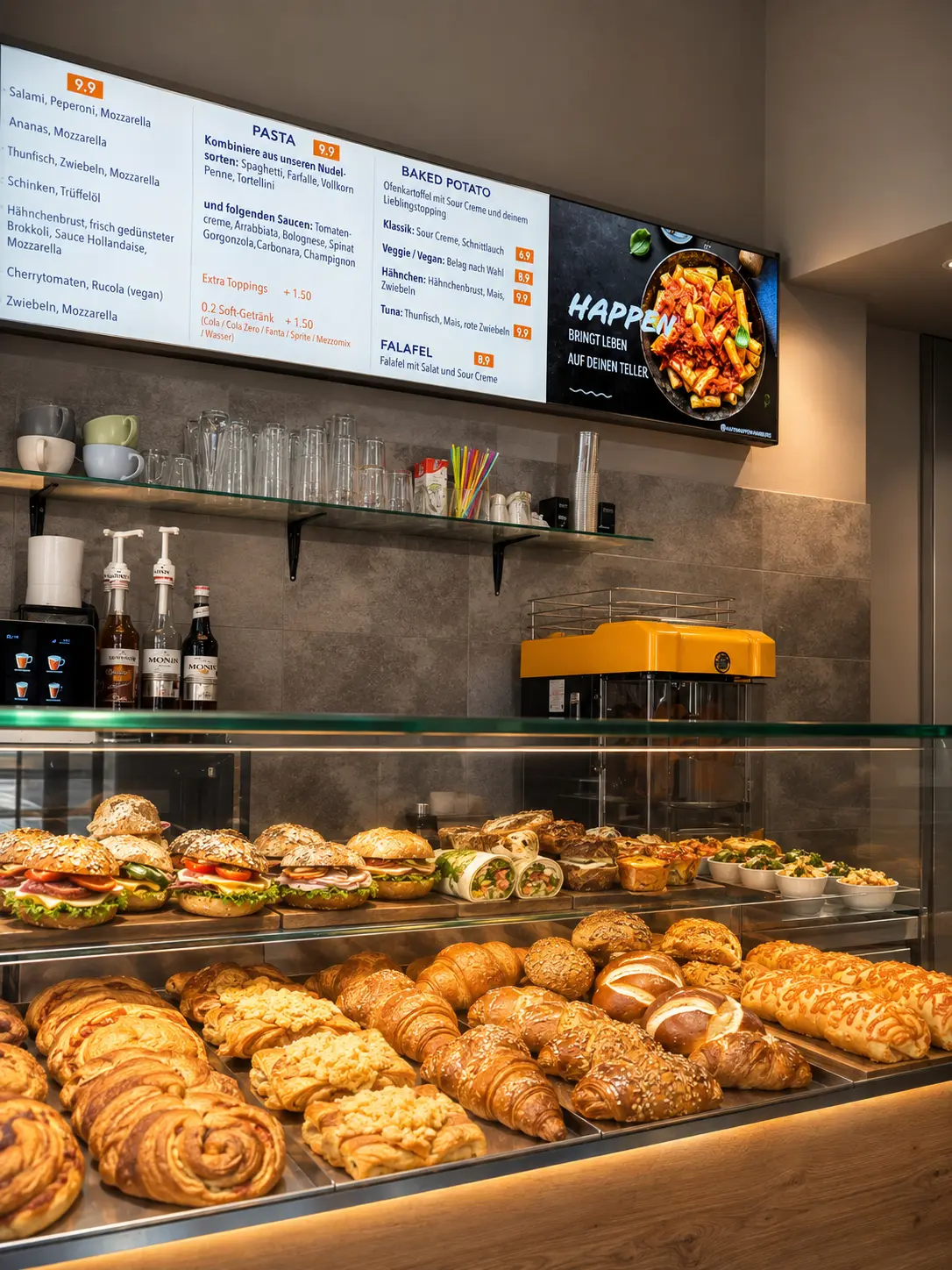Kaffeebar und Auslage mit Croissants und Sandwiches bei Hafen Happen