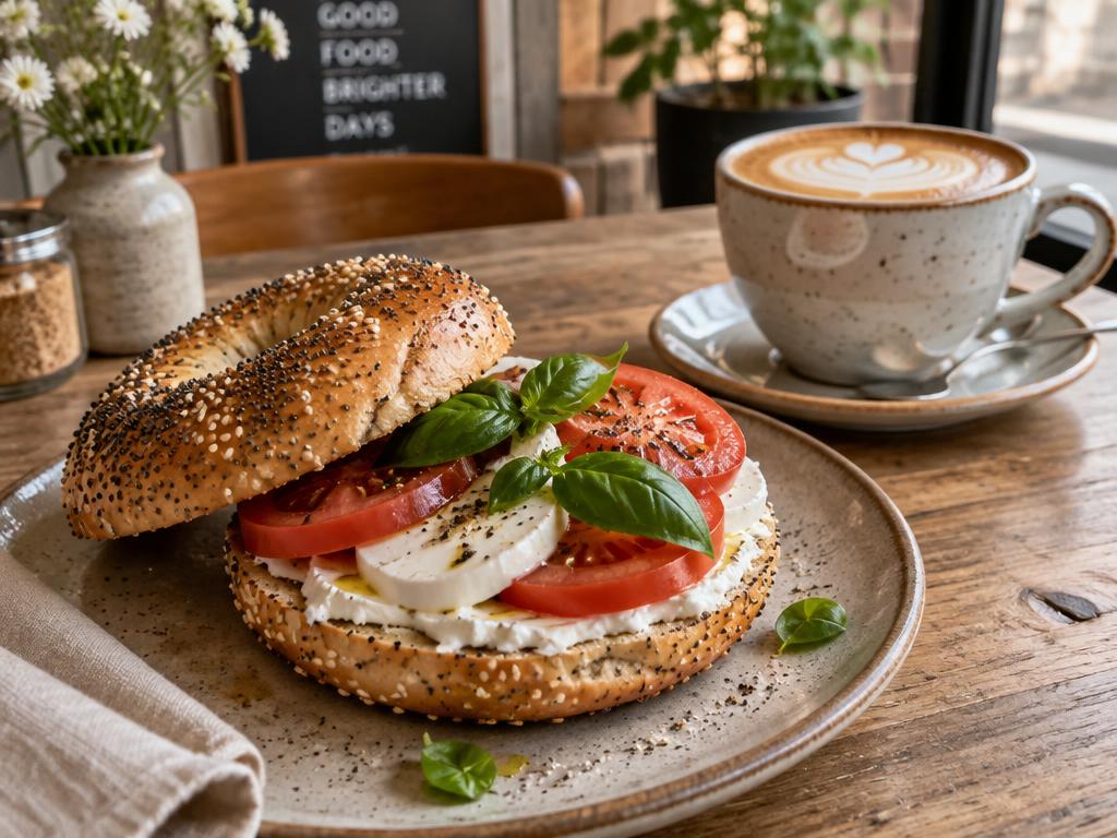 Frischer Bagel mit Mozzarella, Tomate und Basilikum, dazu ein Cappuccino