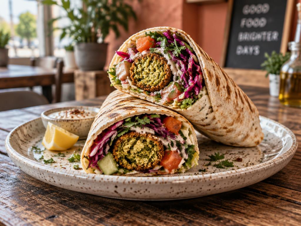 Frischer Falafel Dürüm mit knackigem Salat auf einem Teller